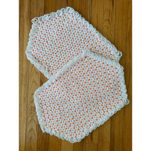 Unique 1970s Handmade Crochet Daisy Floral Pattern White and Orange Place Mats